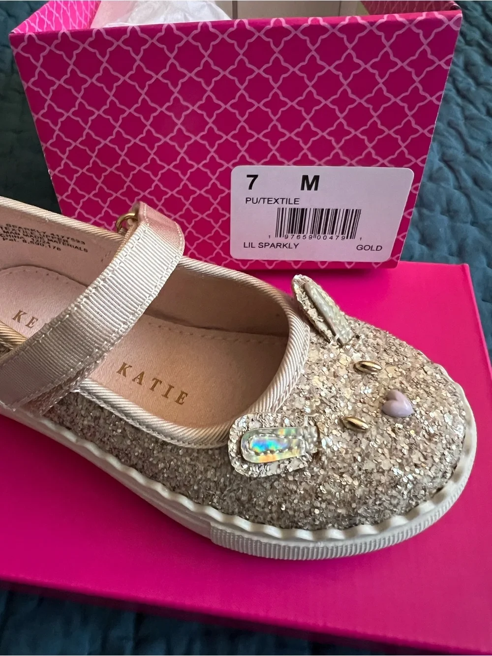 Kelly & Katie Girls Gold Glitter Mary Jane Shoes with Pink Bunny Heart Accent